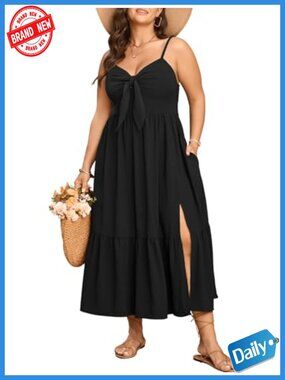 Plus Size Maxi Sun Dress Spaghetti Strap Tie Front Smocked Ruffle Split